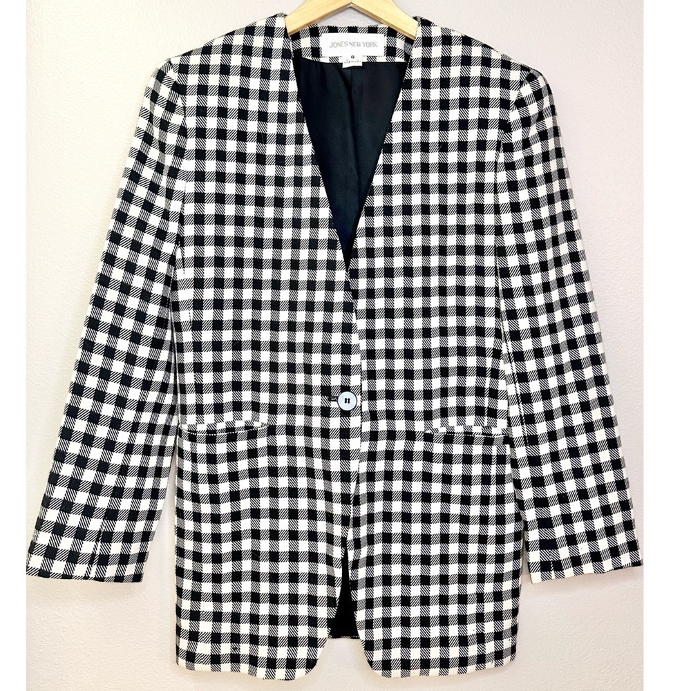 Jones New York Vintage Checkered Long Length One Button Blazer 100% Pure Wool